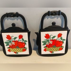 Vintage cast iron and tile trivets -Tulips and fruit - San Ho trademark - Taiwan